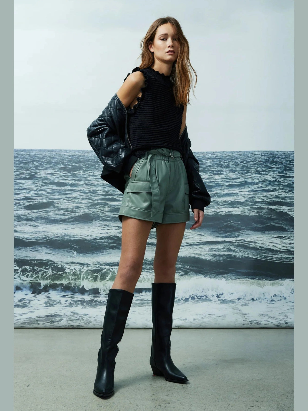 Parker Cargo Shorts in Sage - Faux Leather with Stylish Utility