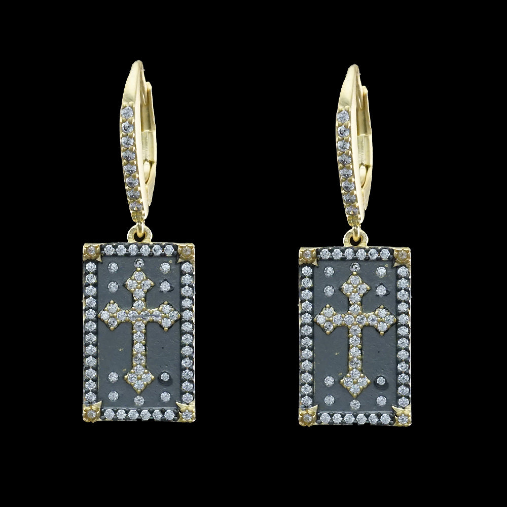 Gold and Black Pave Cross Earrings