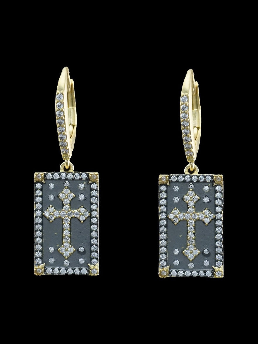 Gold and Black Pave Cross Earrings