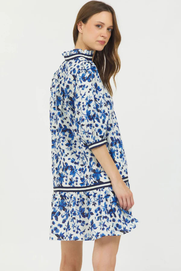 Elbow Sleeve Mini Dress - Vintage Blue