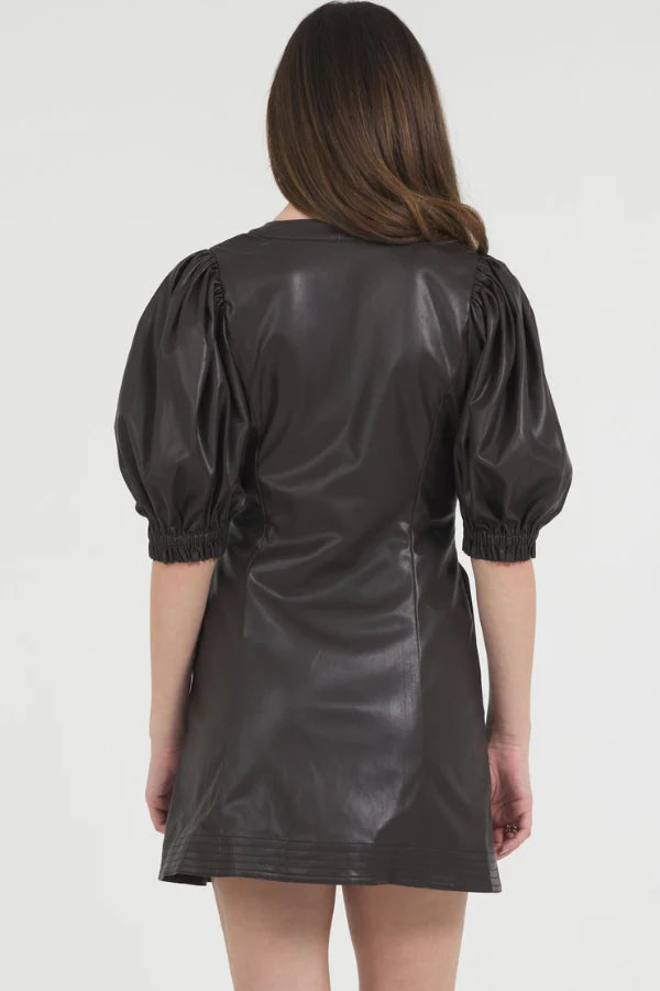 Vegan Leather Puff Sleeve Dress - Chocolate