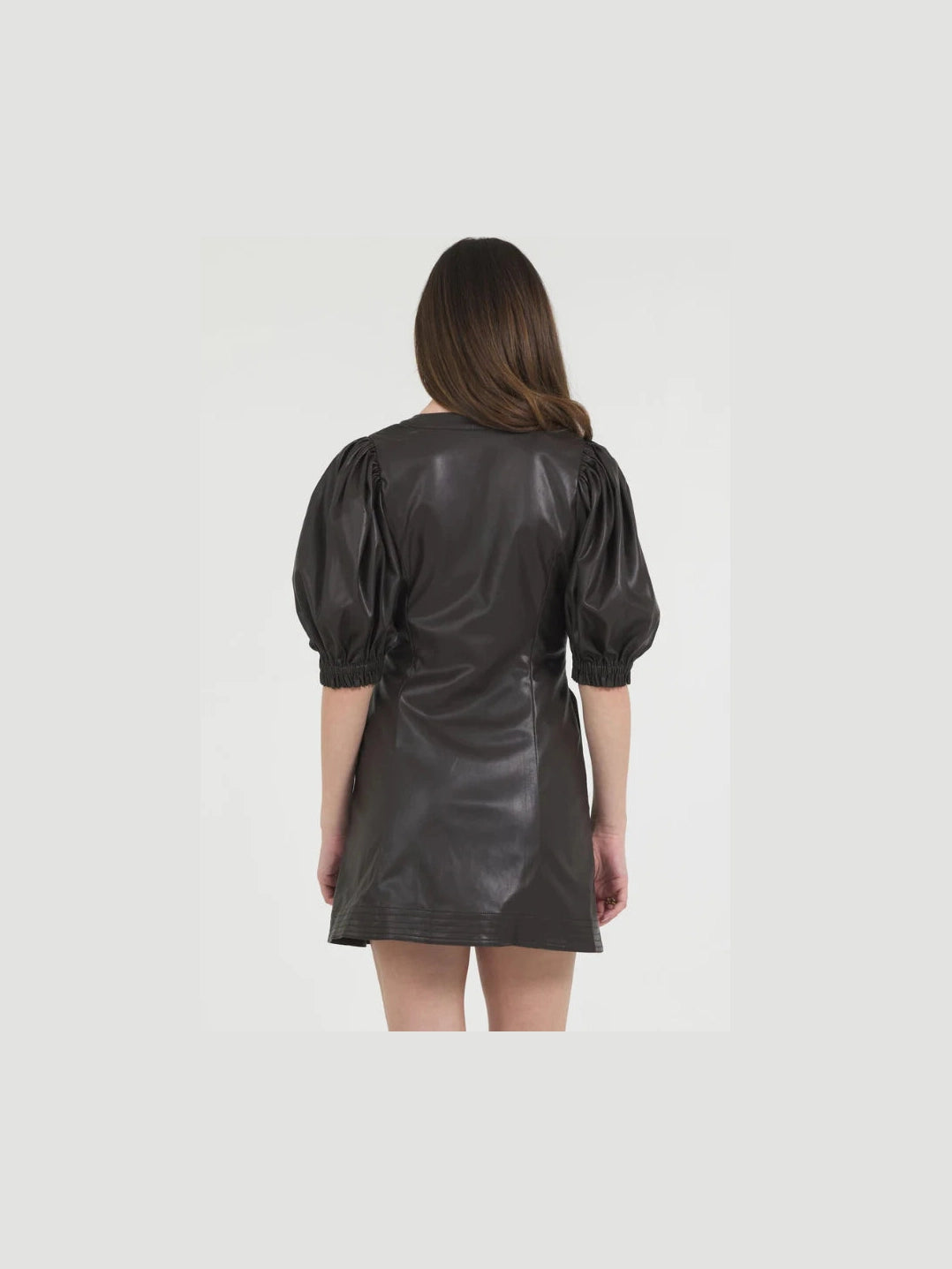 Vegan Leather Puff Sleeve Dress - Chocolate