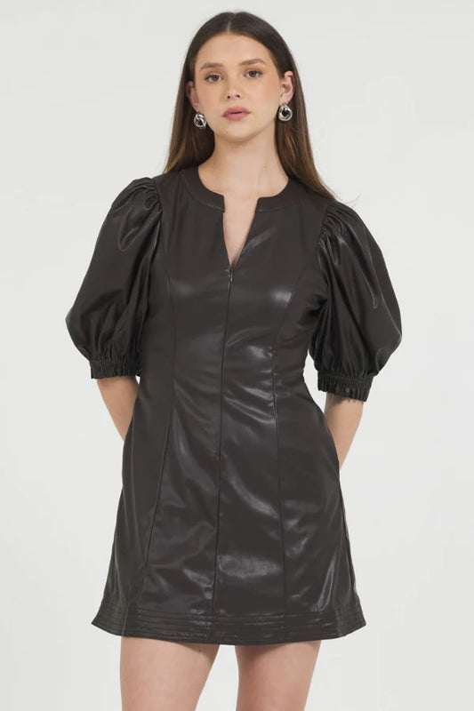 Vegan Leather Puff Sleeve Dress - Chocolate