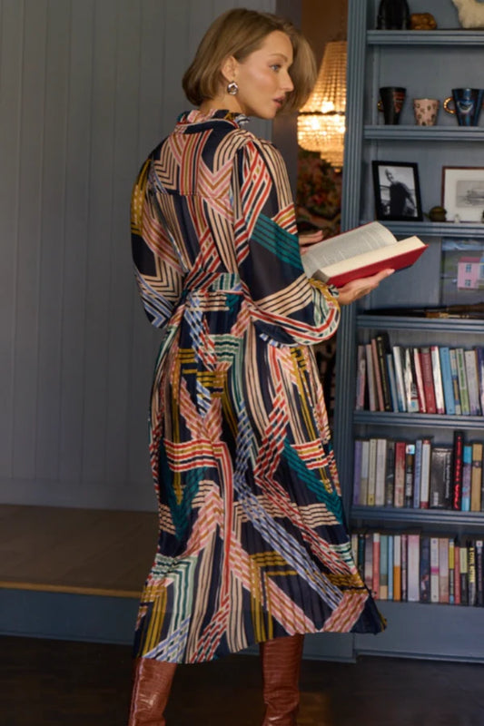 Geo Print Pleated Midi Dress