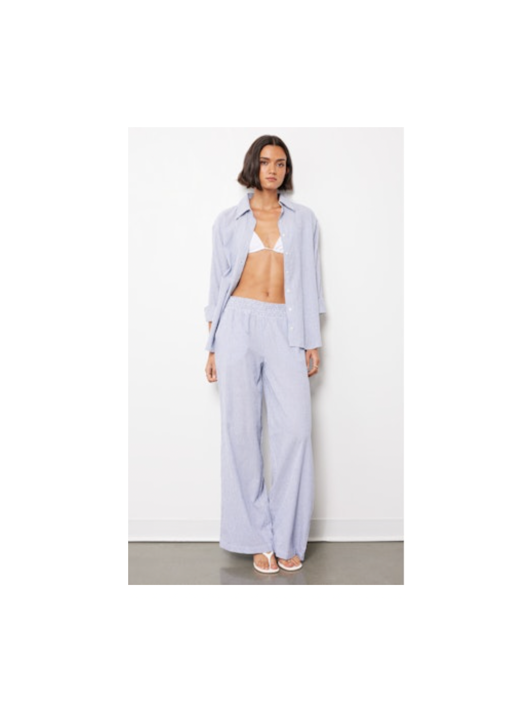 Wide Leg Pant w/ Smocked Waistband - Blue Stripe