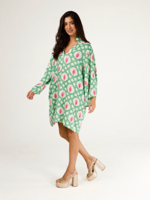 CeCe Caftan Mini Dress in green geometric lattice pattern with pink motifs
