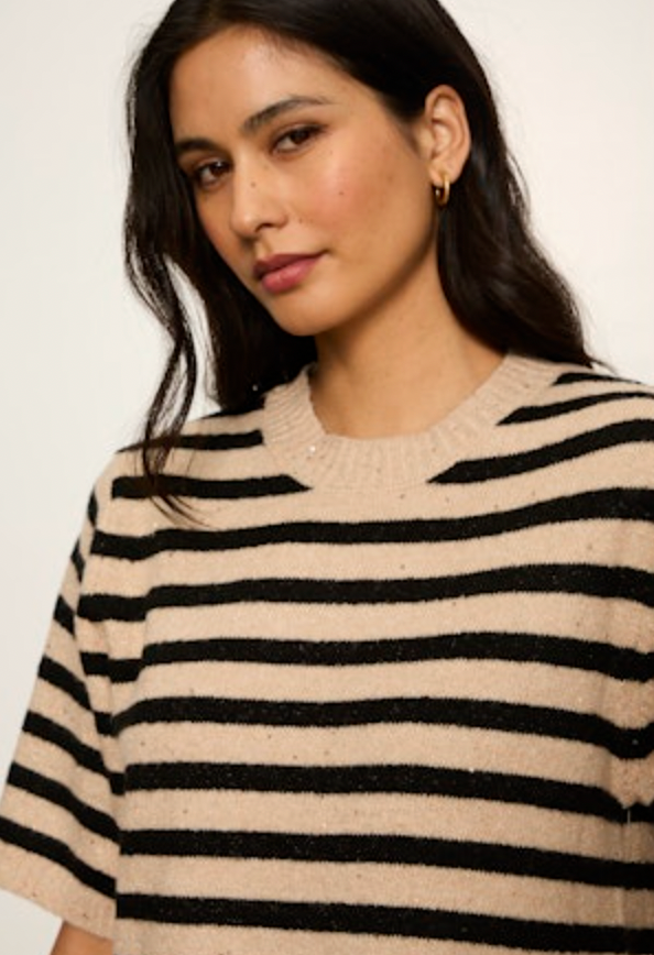 Perfect Sequin Sweater Tee - Hazelnut/Black Stripe
