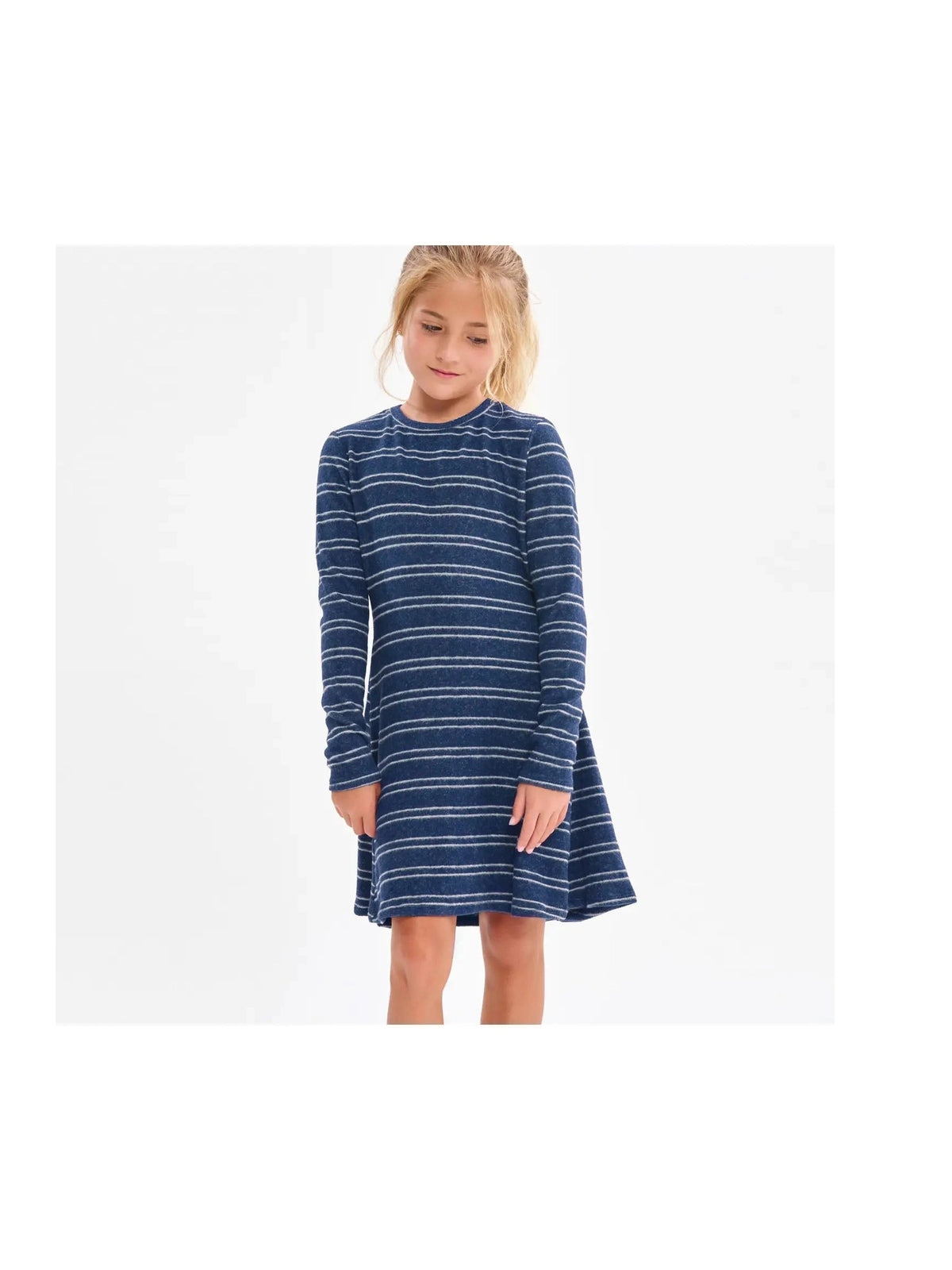 Striped Brush Knit Flare Dress Navy-Grey