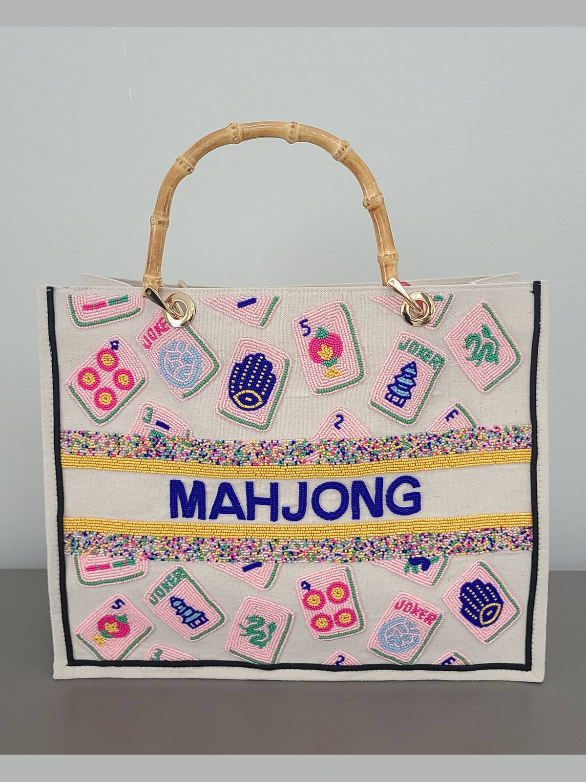 Pink Mahjong tote Bamboo handles