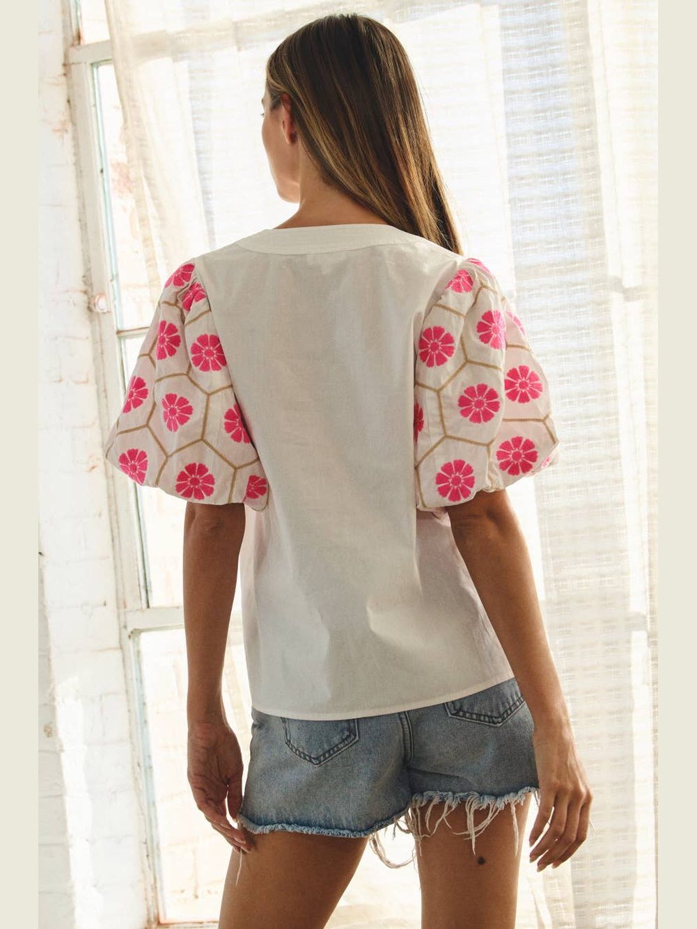 V-neck Floral Embroidery Blouse