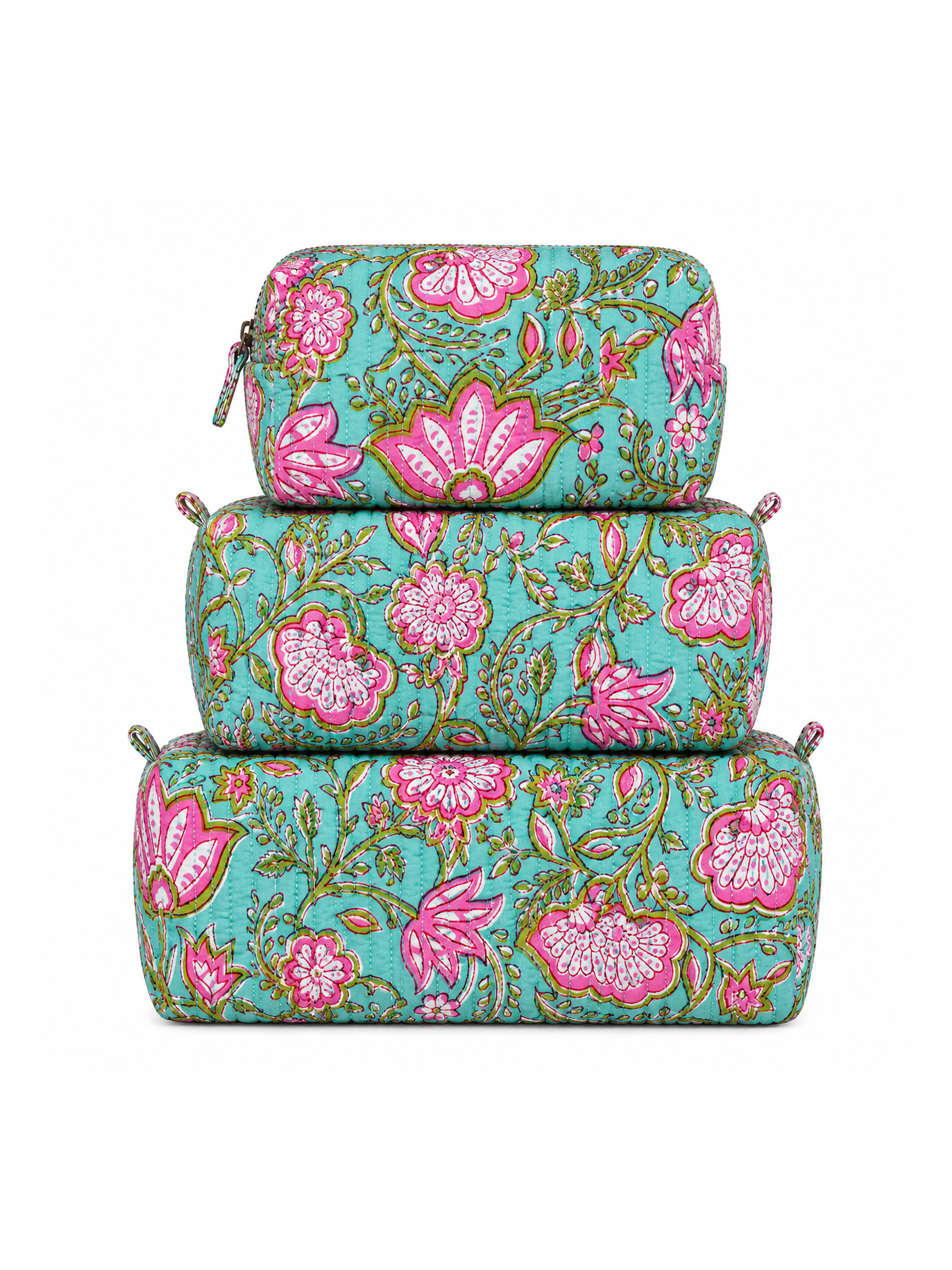 Green Pink Quilted Toiletry Bag Set