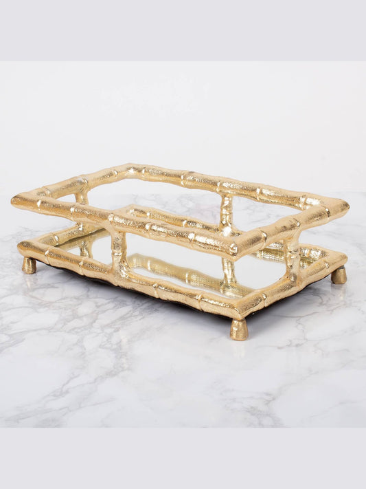 Gold Bamboo Guest Towel Tray with Mirror Base