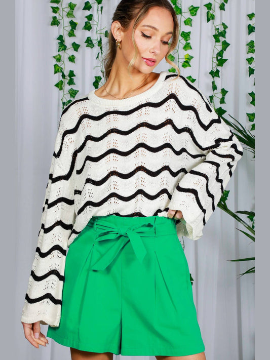 Round Neck Wavy Striped Light Weight Knit Sweater VT82221