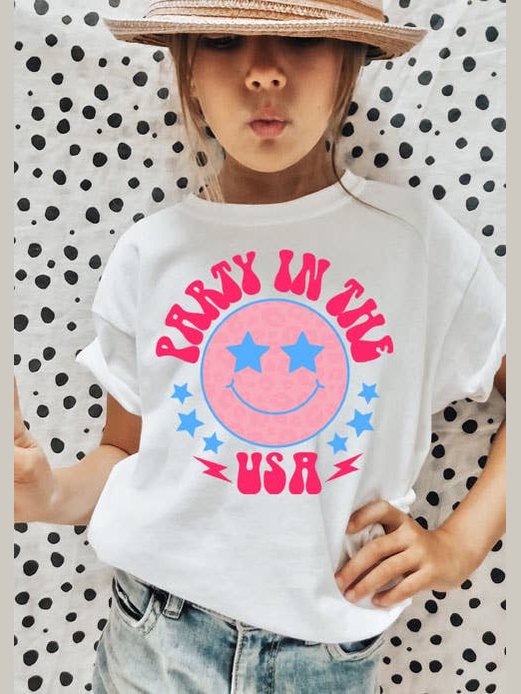 White Party In the USA youth graphic tee with pink smiley face and blue stars