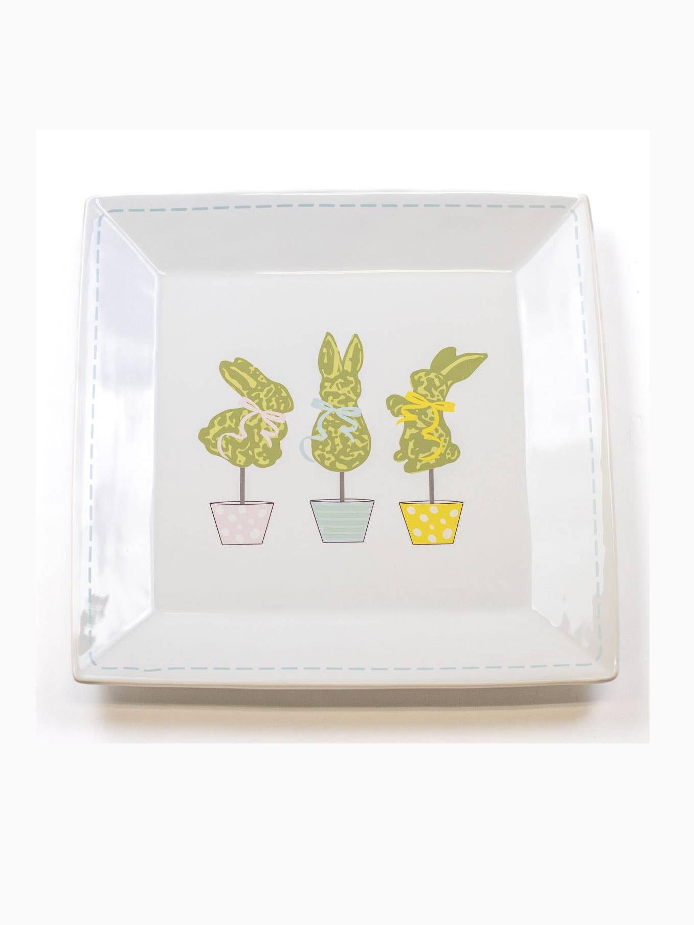 Boxwood Bunny Topiary Platter White/Multi 11.5x11.5