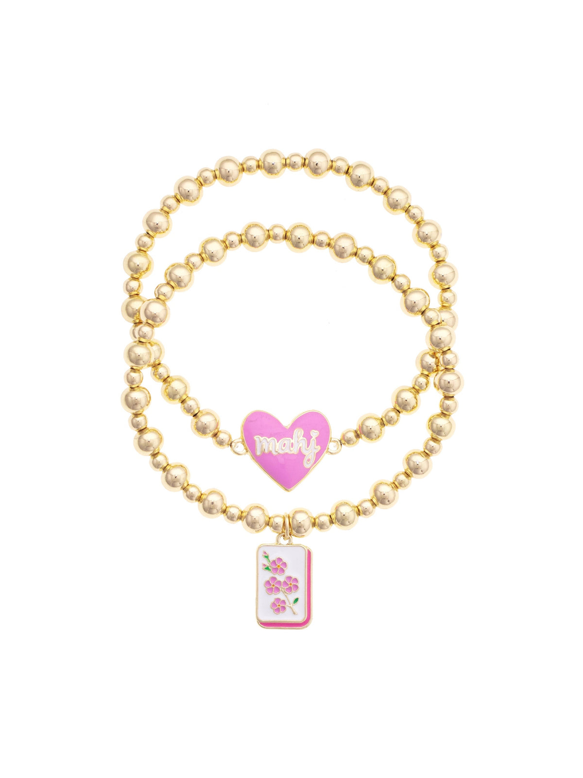 Mahj Cherry Blossom Tile Ball Bead Stretch Bracelet Set of 2