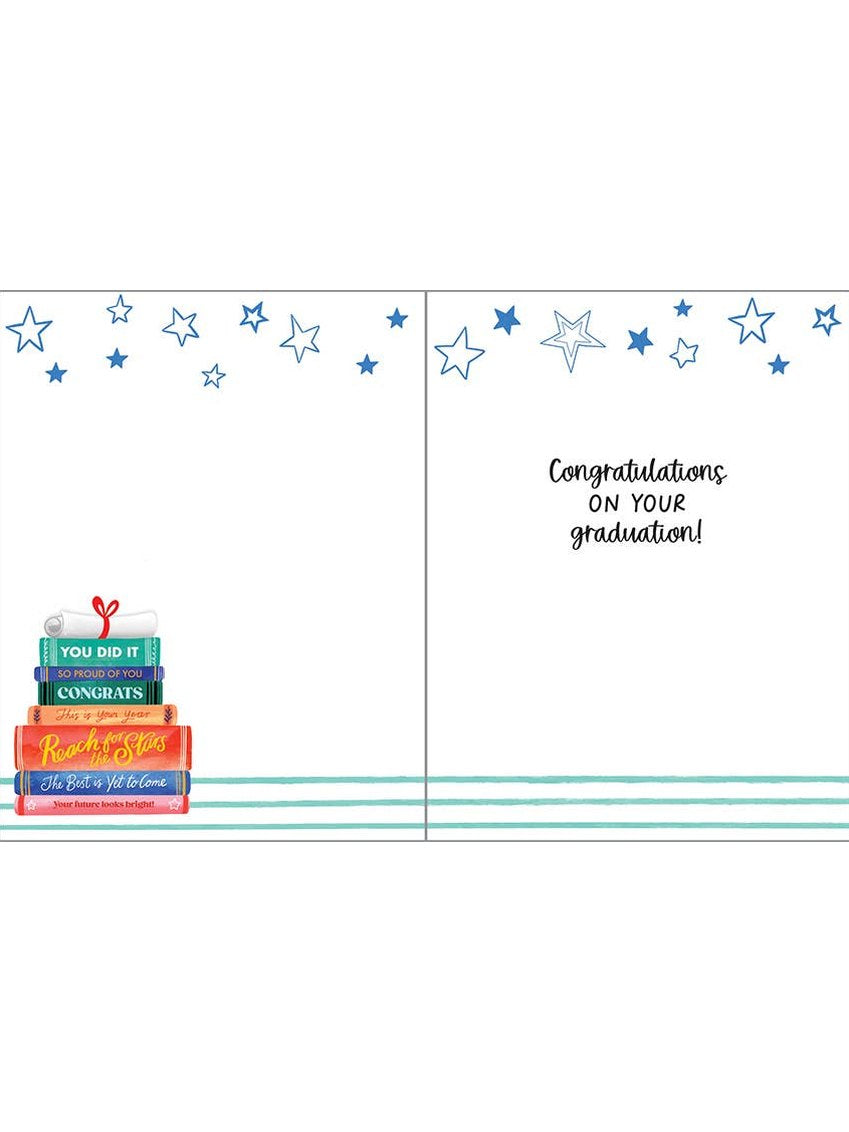 Inside view of Happy Grad Books greeting card with diploma and colorful book stack