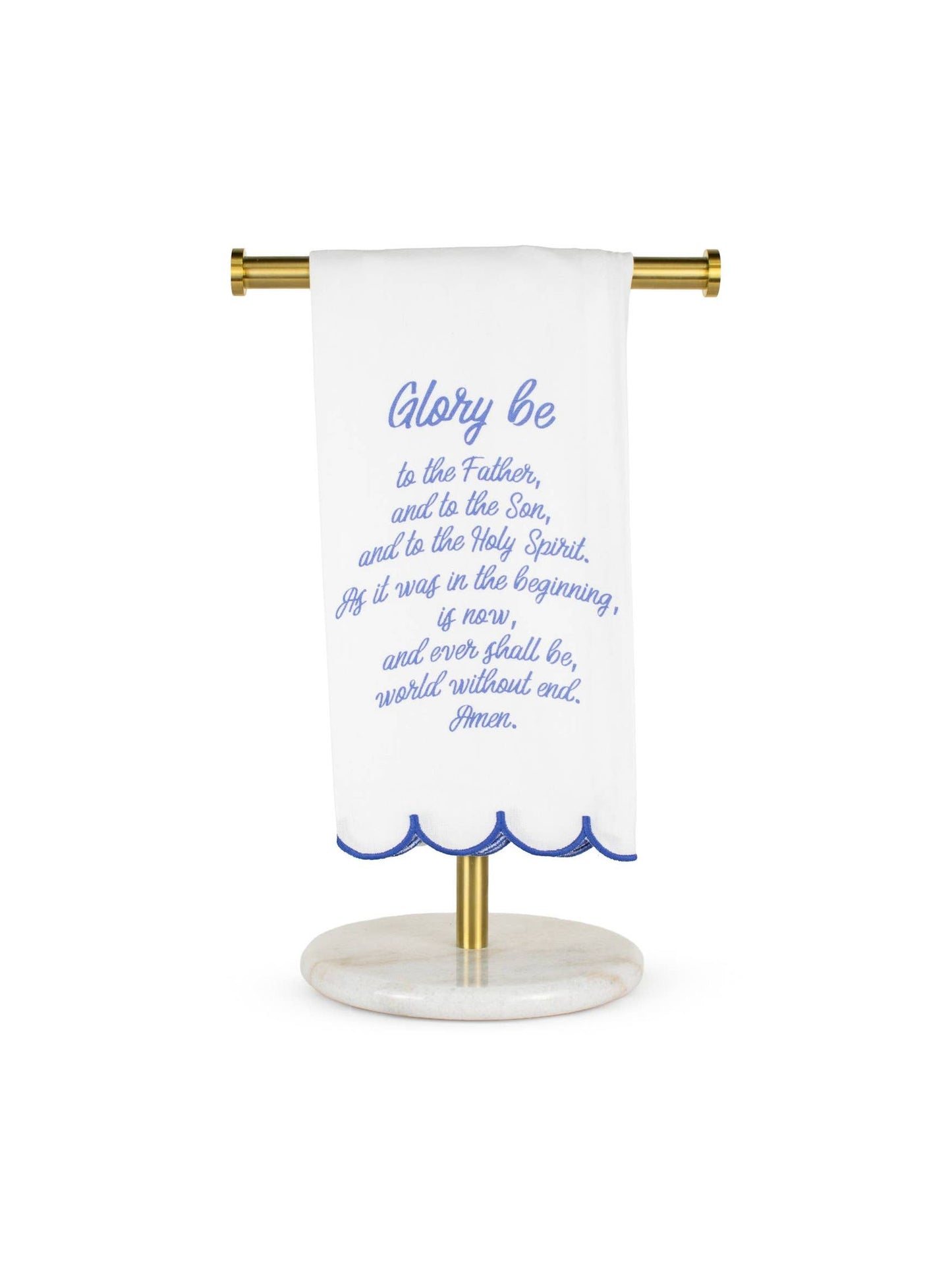 Glory Be Prayer Scalloped Hand Towel White/Blue 20x28