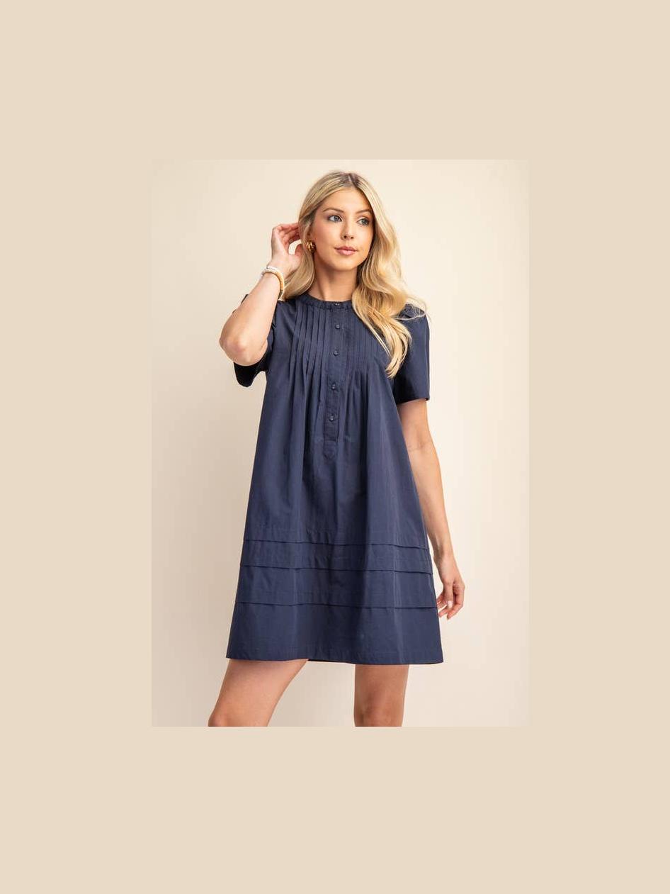 Pleated Poplin Puff Sleeve Mini Dress