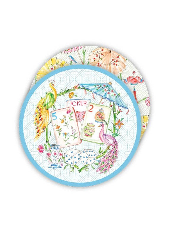 Mahjong Tiles with Colorful Peacocks & Flowers Round Coaster