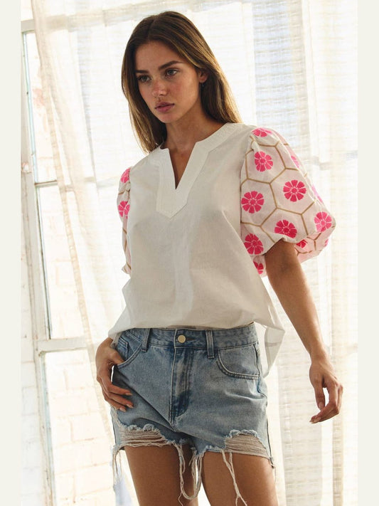 V-neck Floral Embroidery Blouse