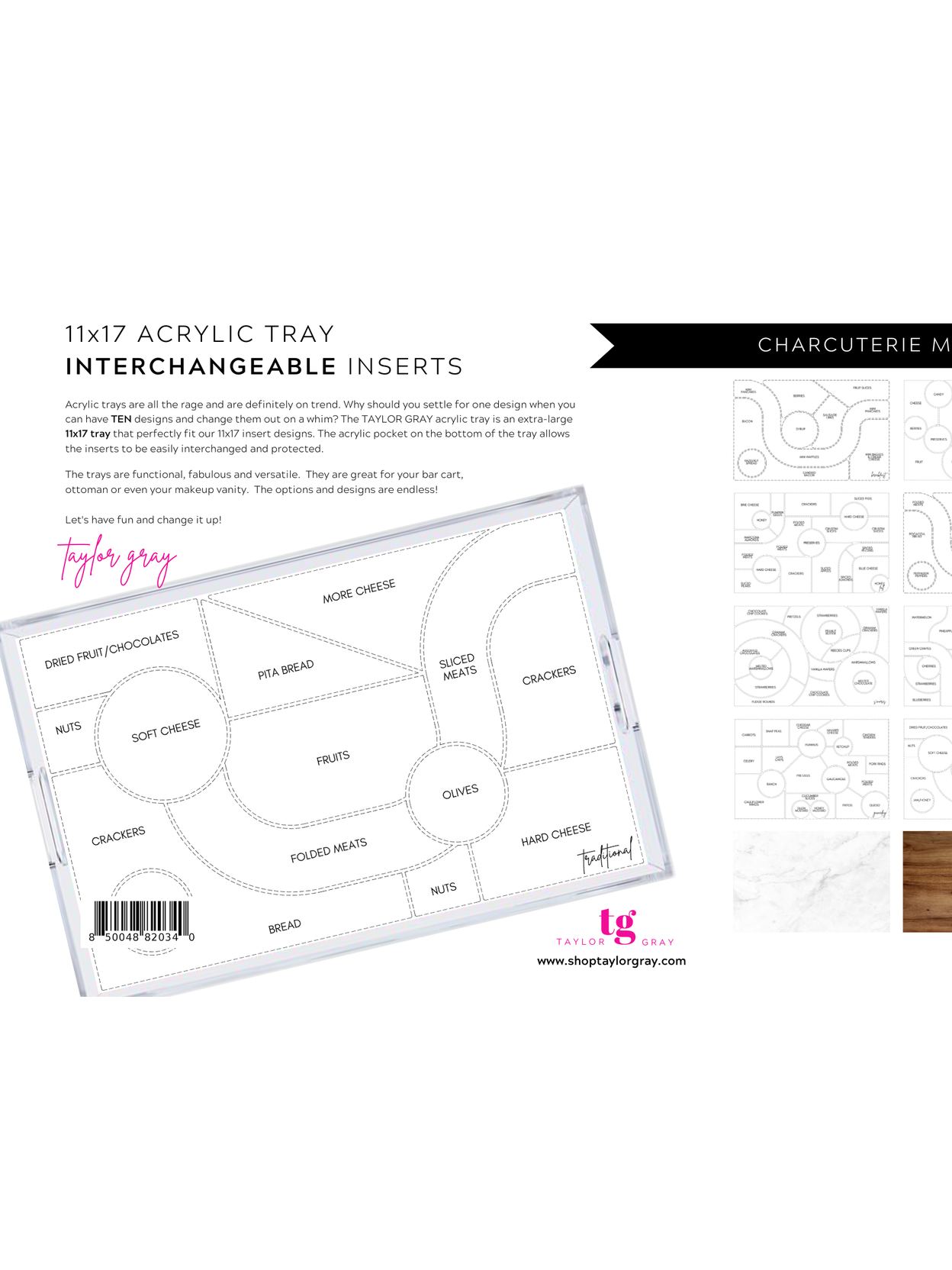 Acrylic Tray CHARCUTERIE MAP insert set of 10