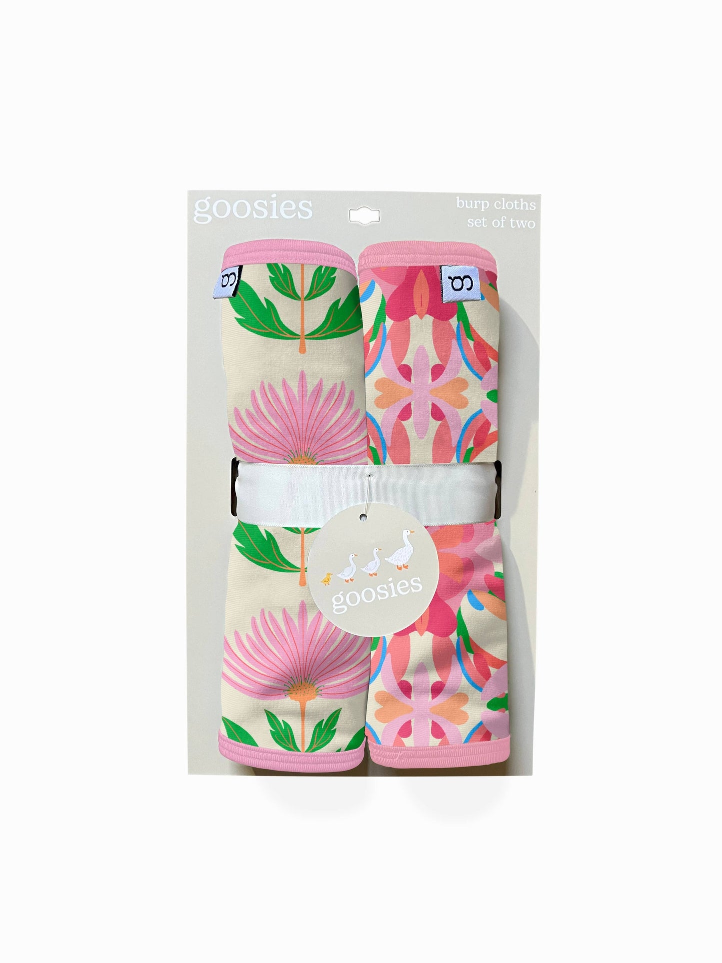 Pink Block Print Flowers - Burp Cloth Set