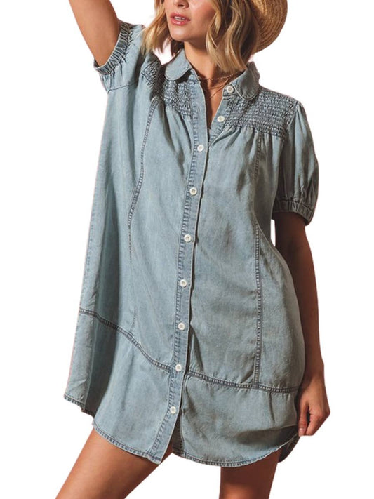 Washed Denim Smocked Yoke Button Up Shirt Dress