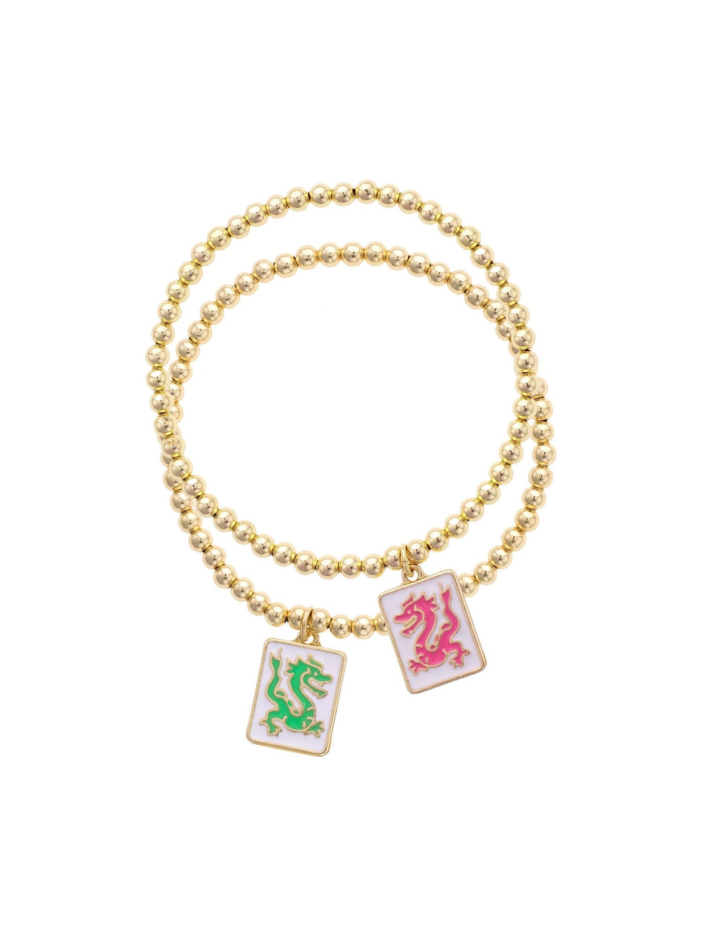 Pair of Dragons Mahjong Ball Bead Bracelet Set of 2