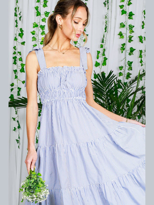 Square Neck Shoulder Striped Sleeveless Maxi Dress VD60504