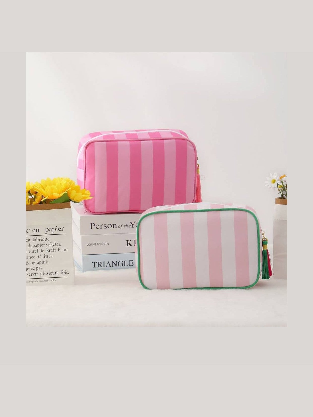 Color-Blocked Striped Pouch Bow Tassel Zipper Makeup Bag