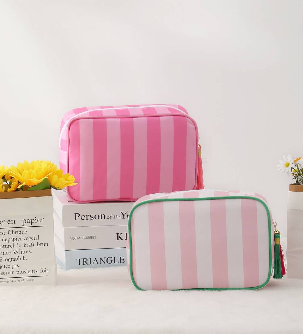 Color-Blocked Striped Pouch Bow Tassel Zipper Makeup Bag