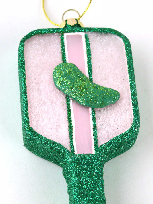 Pink and green glitter pickleball paddle glass ornament detail