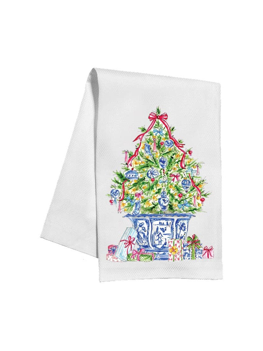 Christmas Tree with Blue Chinoiserie Ornaments Kitchen Towel