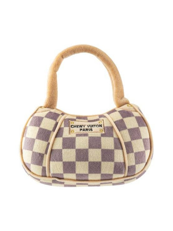 Tan Checker Chewy Vuiton Handbag | Plush Squeaker Dog Toy