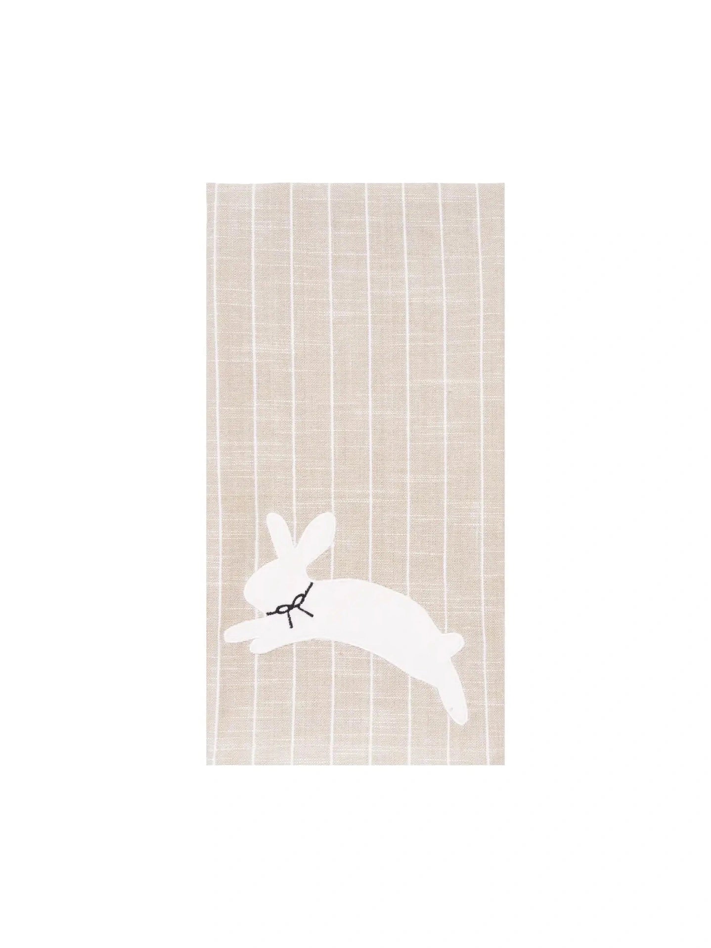 White bunny hop stripe kitchen towel with leaping rabbit silhouette