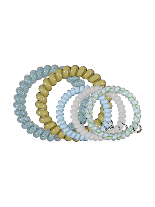 Interlinked glossy coiled hair ties in Bay Breeze color palette