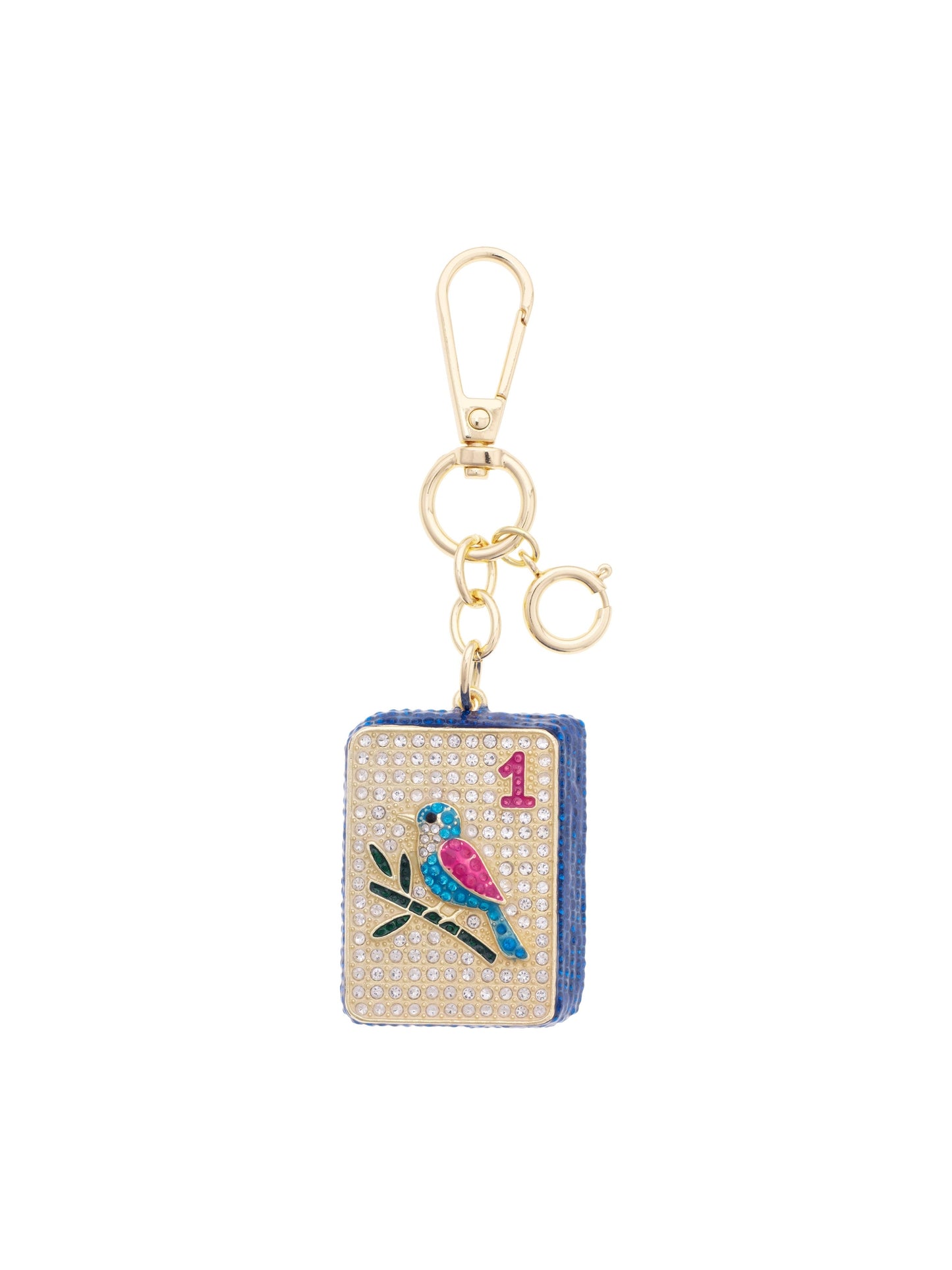 Mahjong One Dot Tile Embellished Bag Charm in White, Blue
