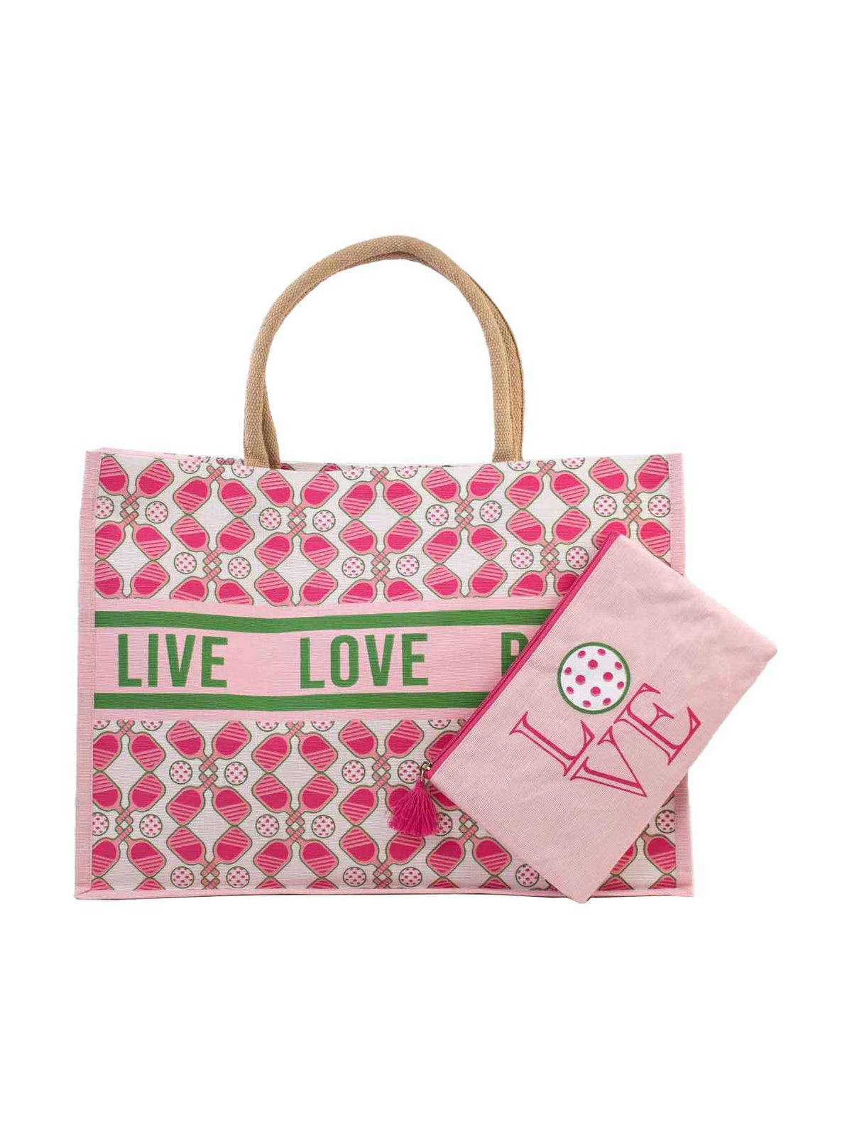 Pickleball Love Juco Tote Pink/Green/White 19x14x7.5