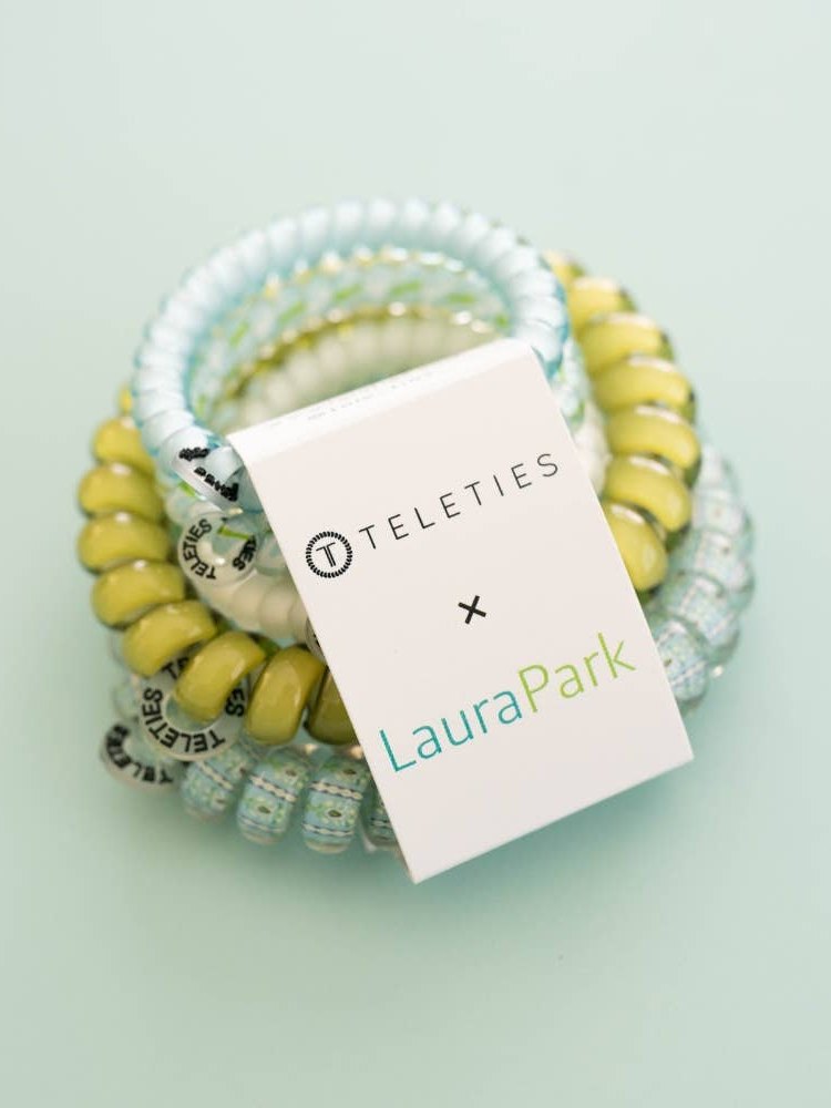 TELETIES x Laura Park collaboration tag on Bay Breeze hair tie set