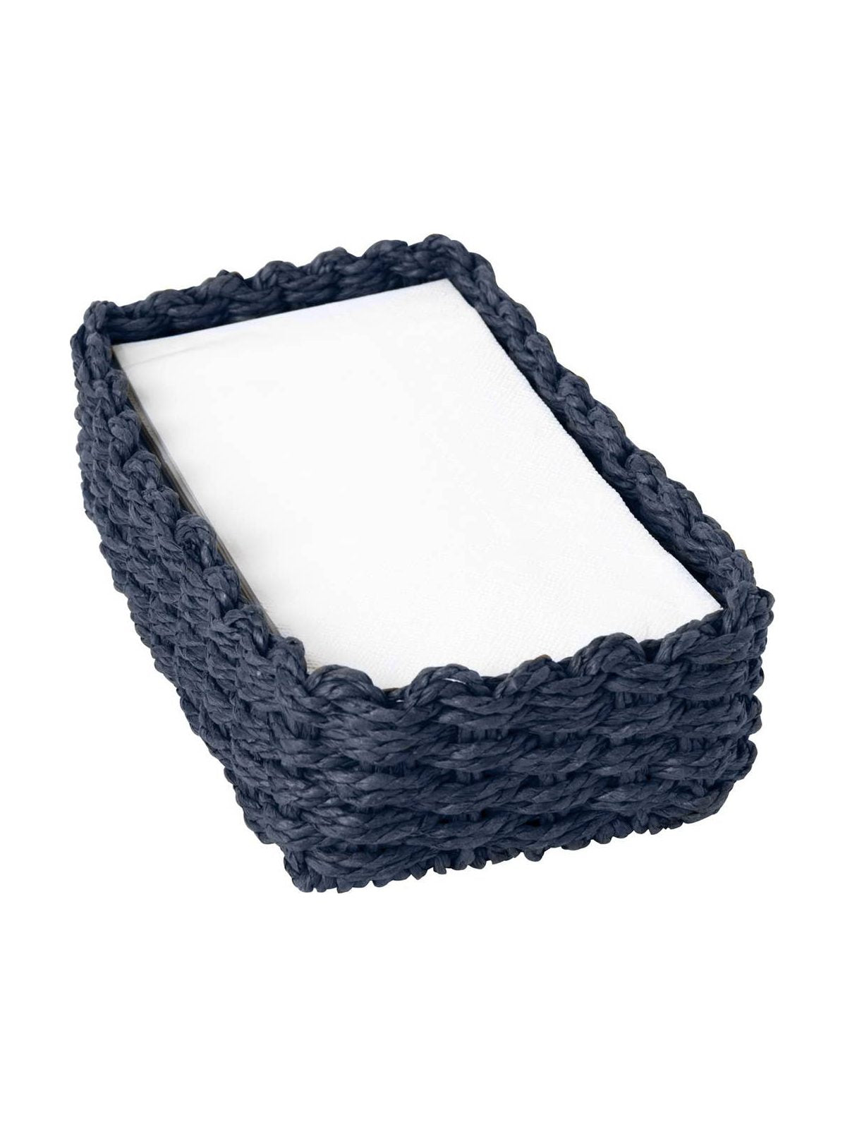 Dark blue woven paper guest towel caddy with scalloped edges