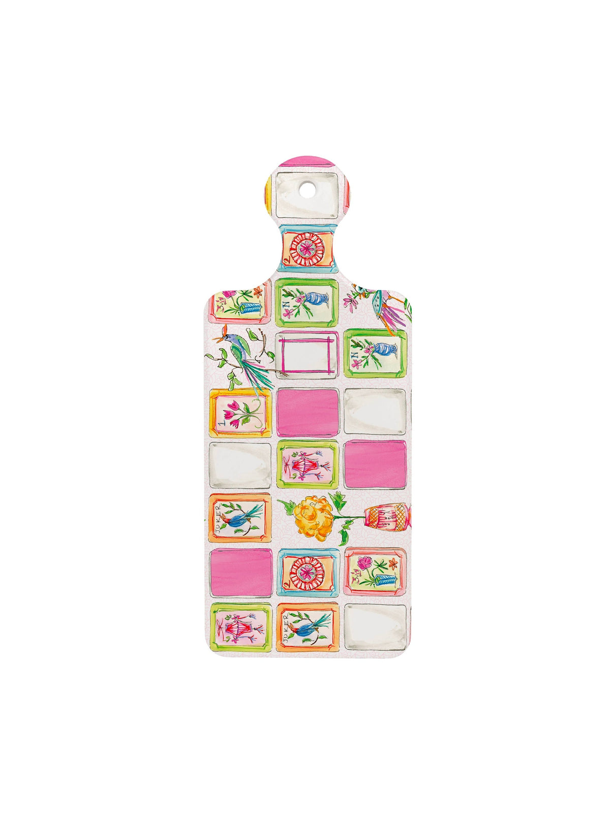 Mahjong Pink Ceramic CUTErie Board with colorful tile grid, peacock, and floral motifs