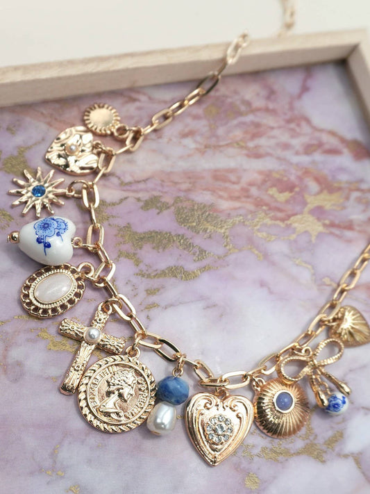 CHARM NECKLACE-PORCELAIN HEARTS CROSS NECKLACE
