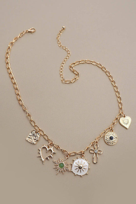 Charm Necklace Heart, Cross, Sunburst, Stone