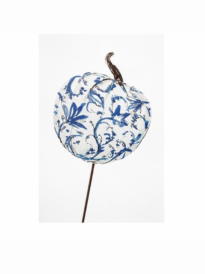 Blue Floral Pumpkin Yard Stake