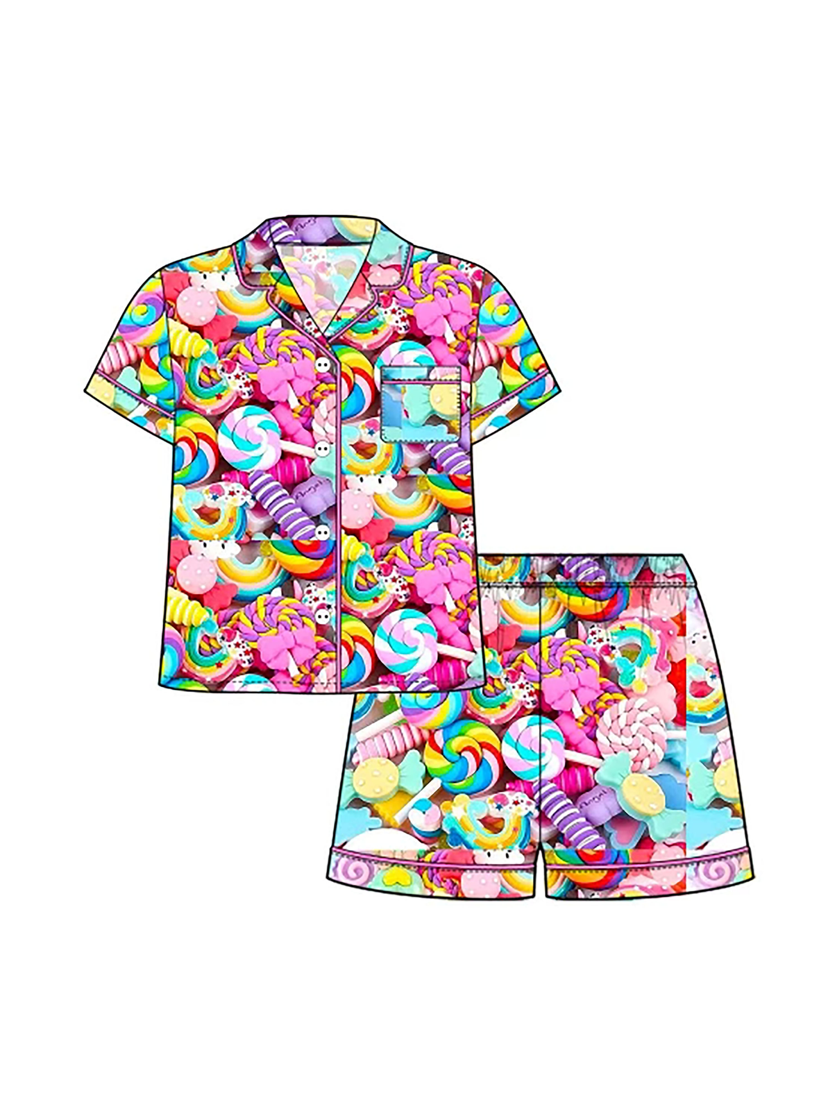 Girls candy print bamboo pajama set with button-up shirt and shorts