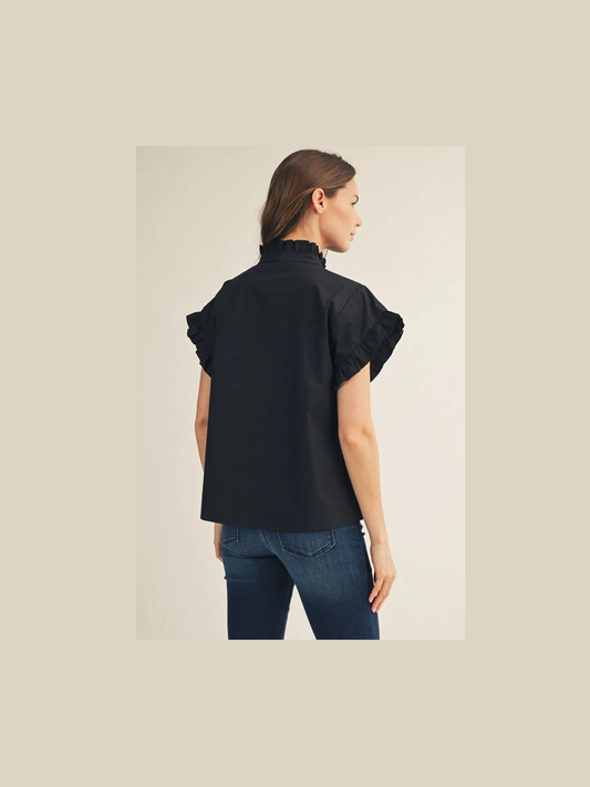 Ruffle Sleeve Button Up Blouse - Black