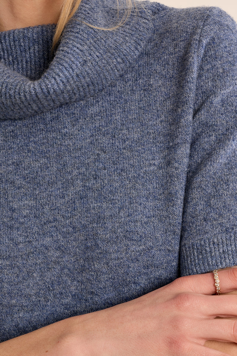 Cowl Neck Short Sleeve Sweater - Denim Blue