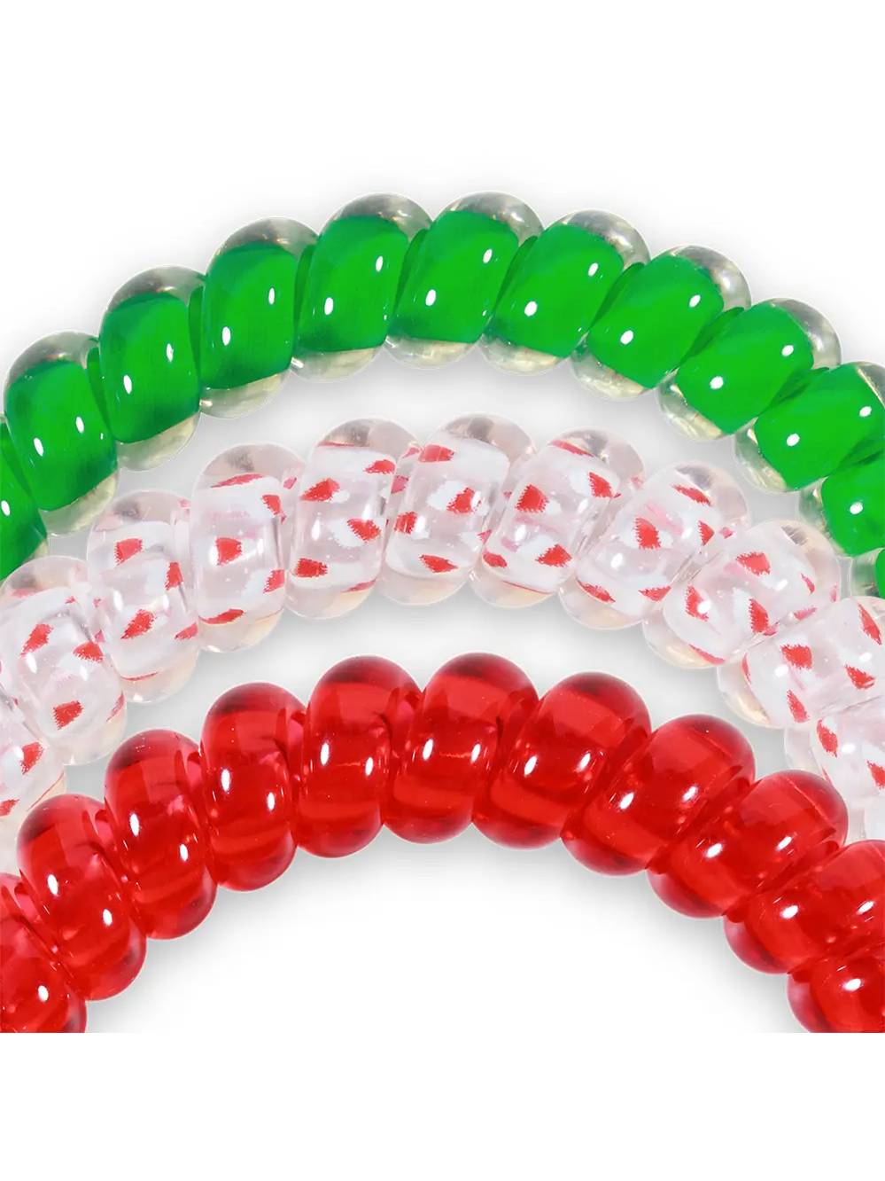 Close up of glossy segmented plastic spiral hair ties