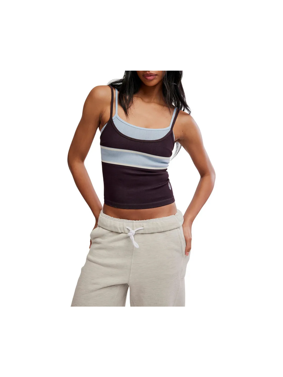 Chocolate blue striped ribbed camisole with square neckline and spaghetti straps